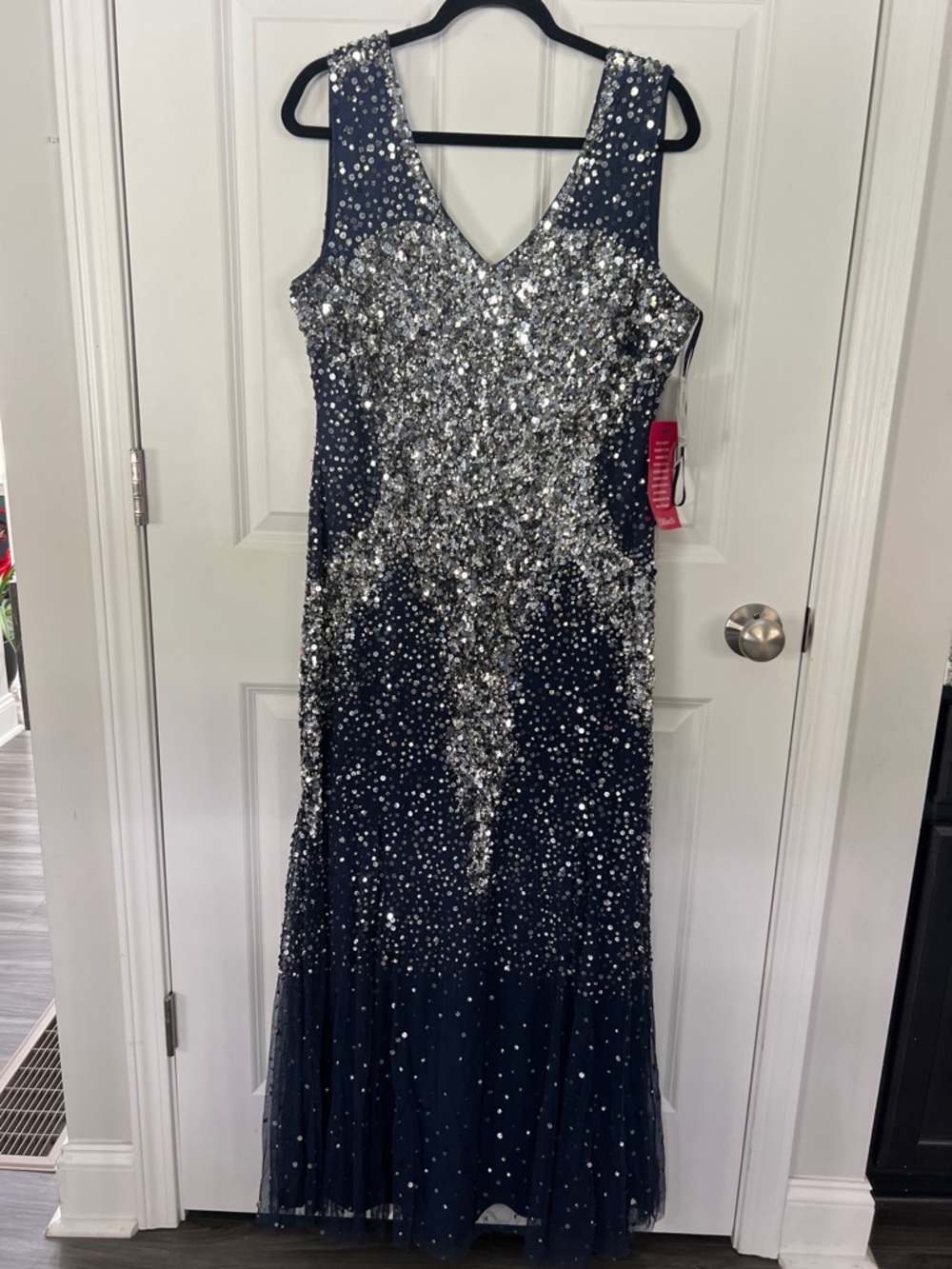 Pisarro Nights Navy and Silver Sequin V-Neck Evening Gown